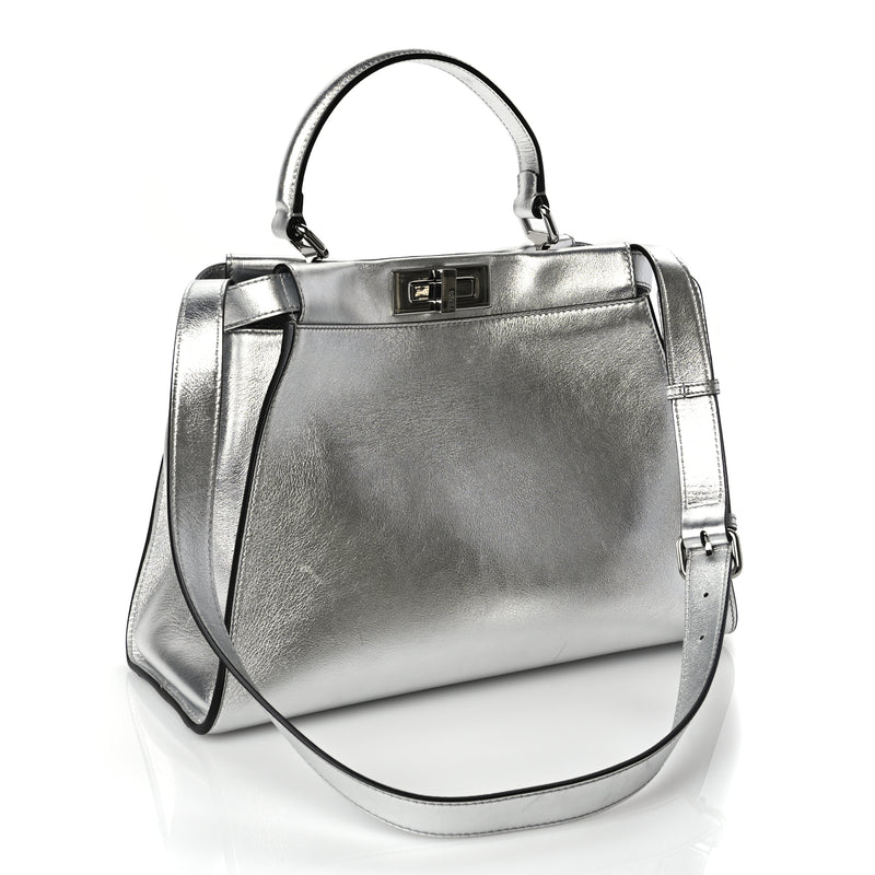  Fendi Vitello Catalan Mirror Medium Peekaboo Iconic Satchel Argento