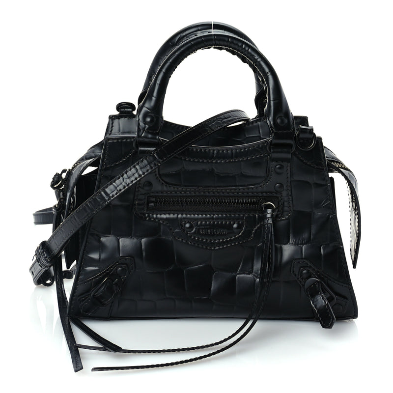  Balenciaga Semi Shiny Calfskin Crocodile Embossed Neo Classic Black Hardware Mini City Black