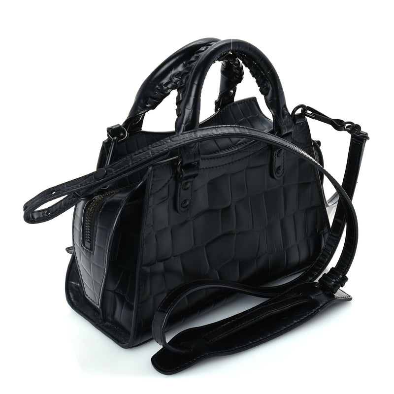  Balenciaga Semi Shiny Calfskin Crocodile Embossed Neo Classic Black Hardware Mini City Black