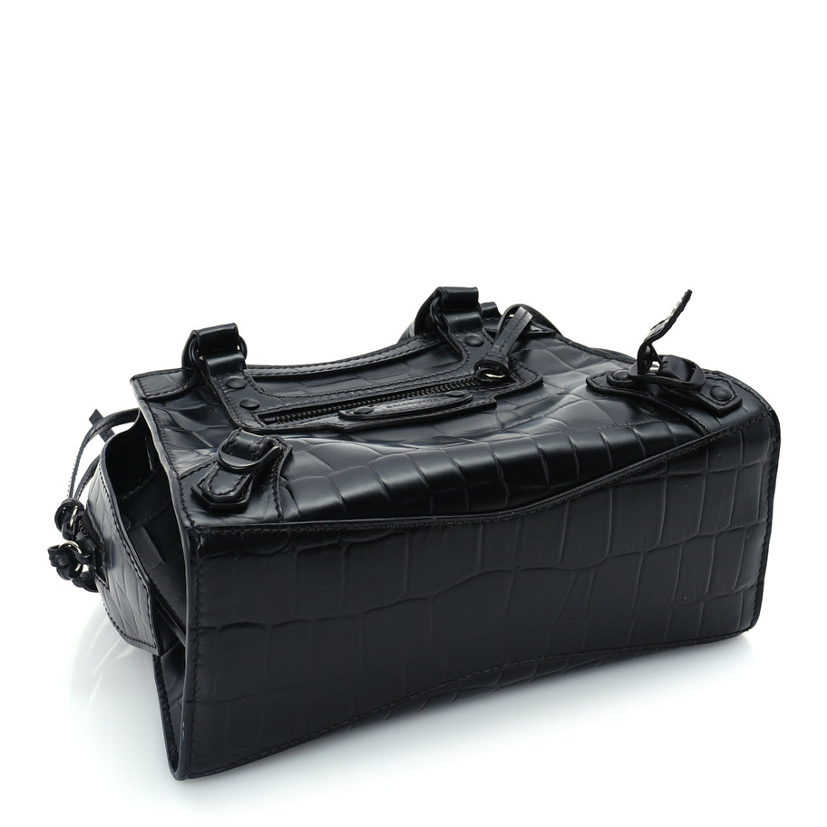 Balenciaga Semi Shiny Calfskin Crocodile Embossed Neo Classic Black Hardware Mini City Black Image 3
