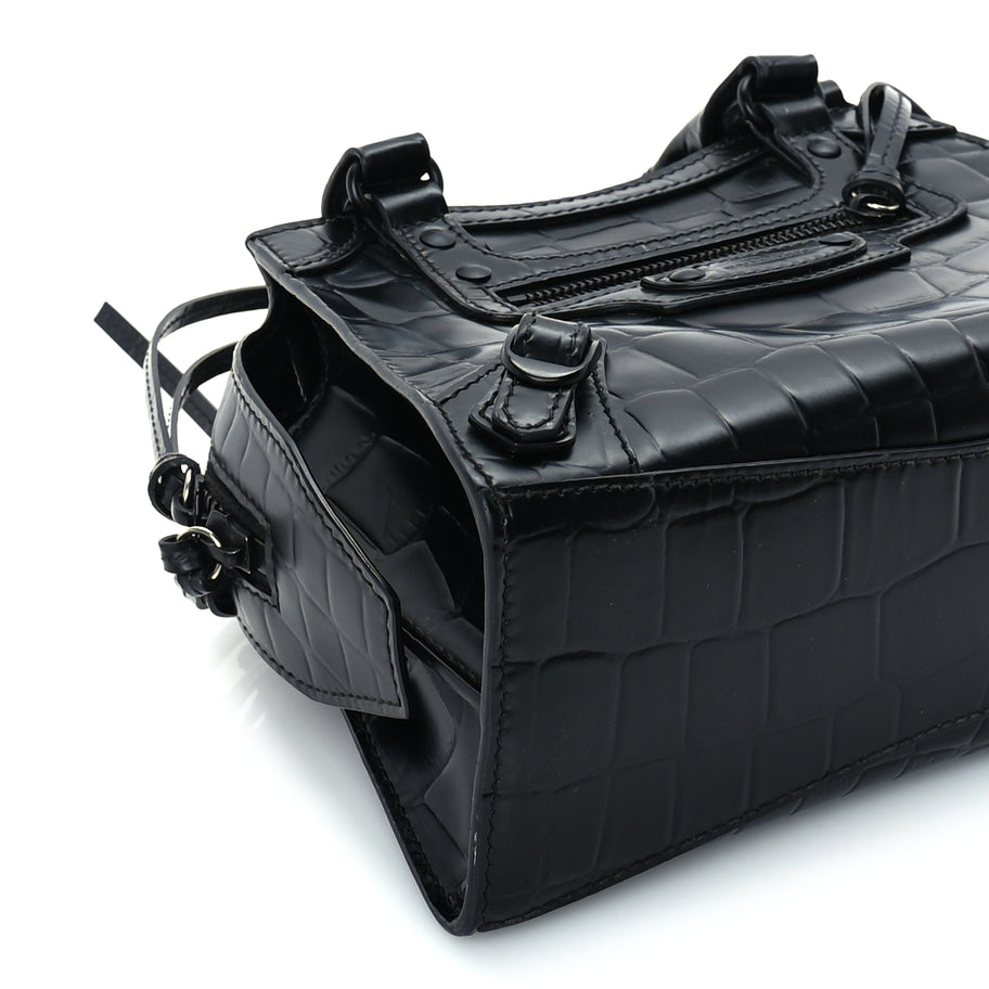 Balenciaga Semi Shiny Calfskin Crocodile Embossed Neo Classic Black Hardware Mini City Black Image 7