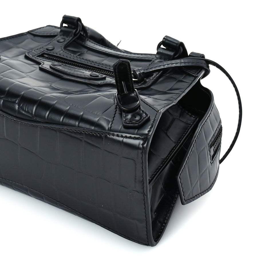 Balenciaga Semi Shiny Calfskin Crocodile Embossed Neo Classic Black Hardware Mini City Black Image 8