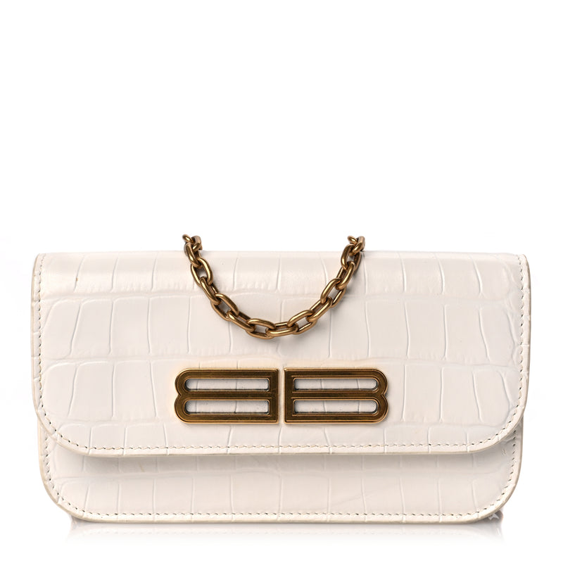  Balenciaga Extra Supple Calfskin Crocodile Embossed Gossip Wallet On Chain Optic White