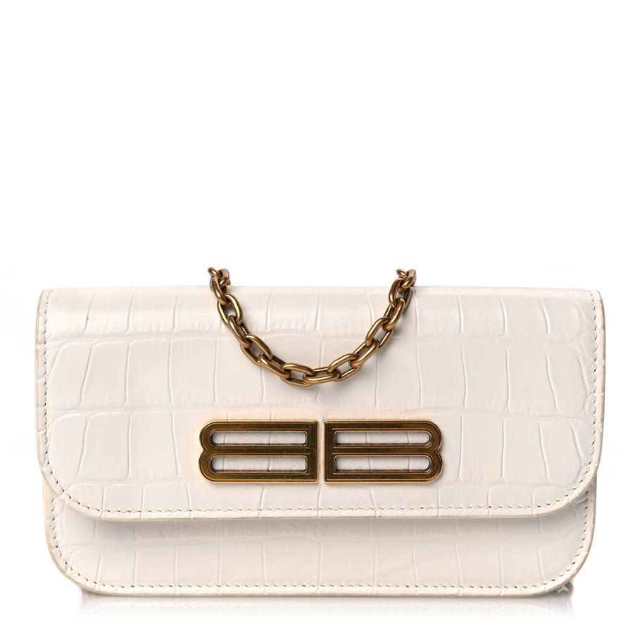Balenciaga Extra Supple Calfskin Crocodile Embossed Gossip Wallet On Chain Optic White Image 1