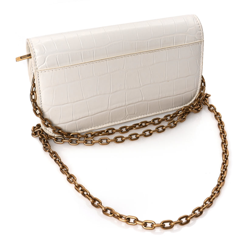  Balenciaga Extra Supple Calfskin Crocodile Embossed Gossip Wallet On Chain Optic White