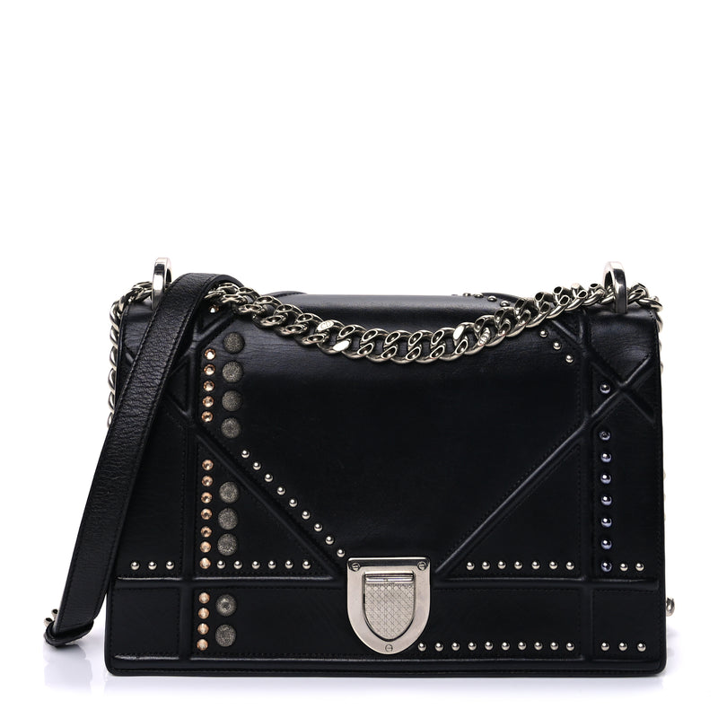  Christian Dior Lambskin Studded Medium Diorama Flap Bag Black Black