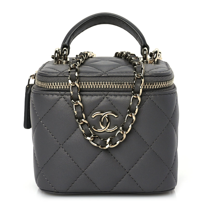  Chanel Lambskin Quilted Top Handle Mini Vanity Case With Chain Grey