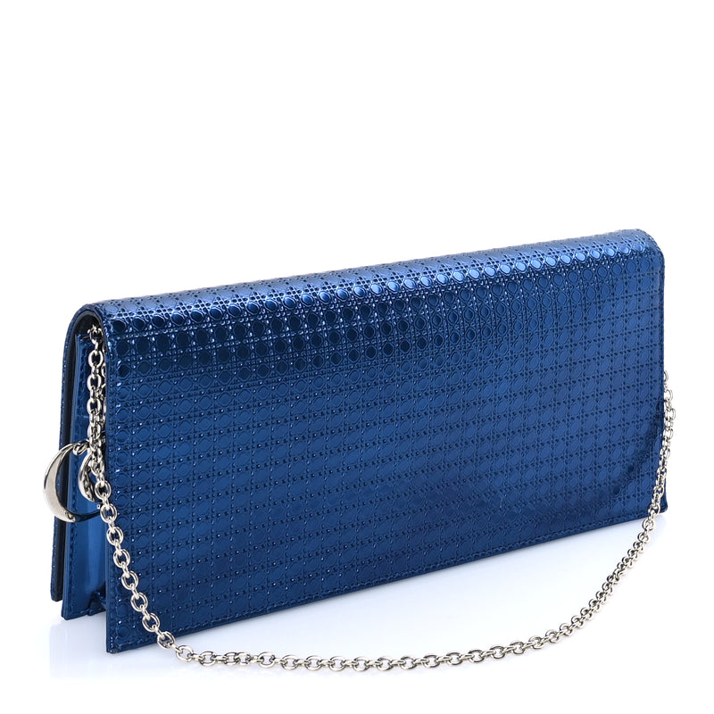  Christian Dior Metallic Patent Micro-Cannage Lady Dior Croisiere Chain Clutch  Blue