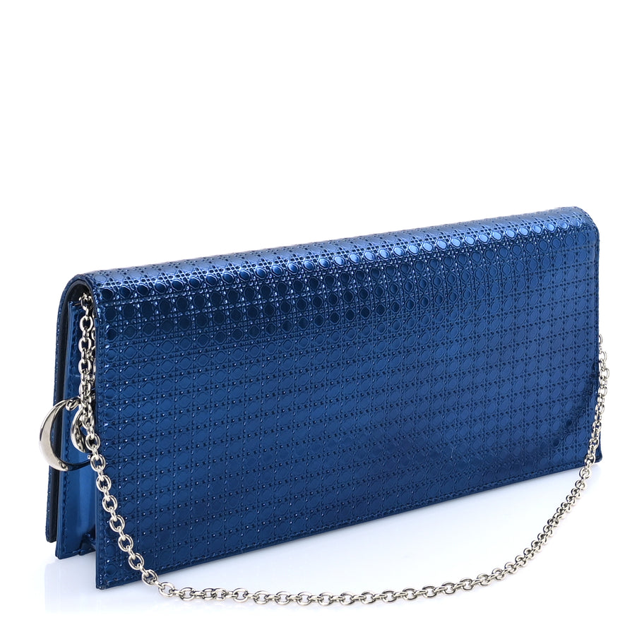 Christian Dior Metallic Patent Micro-Cannage Lady Dior Croisiere Chain Clutch  Blue Image 2