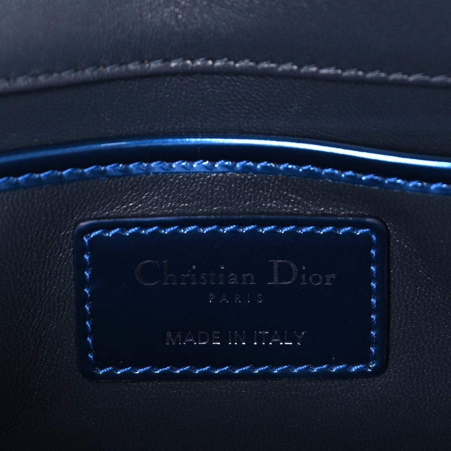Christian Dior Metallic Patent Micro-Cannage Lady Dior Croisiere Chain Clutch  Blue Image 5