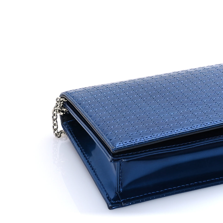 Christian Dior Metallic Patent Micro-Cannage Lady Dior Croisiere Chain Clutch  Blue Image 7
