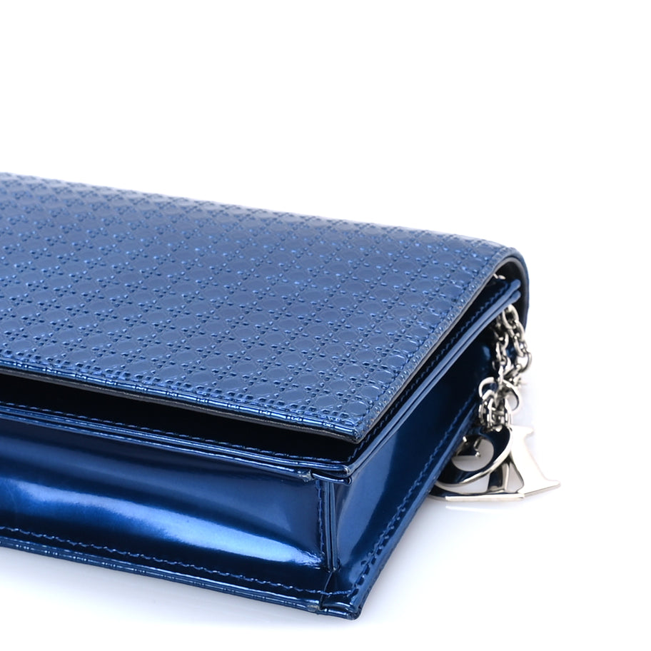 Christian Dior Metallic Patent Micro-Cannage Lady Dior Croisiere Chain Clutch  Blue Image 8