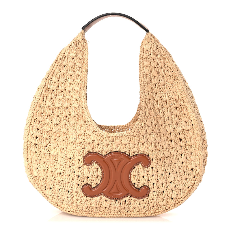  Celine Raffia Calfskin Triomphe Panier Hobo Bag Natural Tan