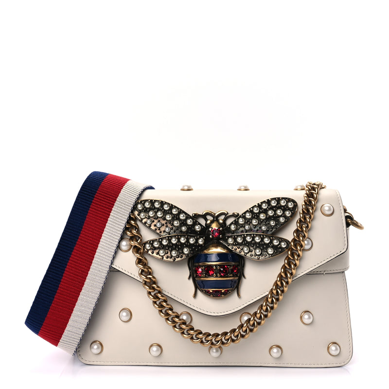  Gucci Nappa Pearl Studded Mini Queen Margaret Broadway Shoulder Bag  Mystic White