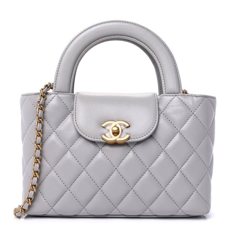  Chanel Shiny Aged Calfskin Quilted Nano Kelly Shopper  Light Grey