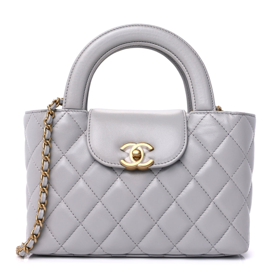 Chanel Shiny Aged Calfskin Quilted Nano Kelly Shopper  Light Grey Image 1
