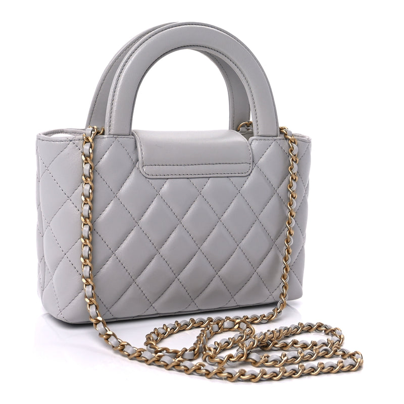  Chanel Shiny Aged Calfskin Quilted Nano Kelly Shopper  Light Grey