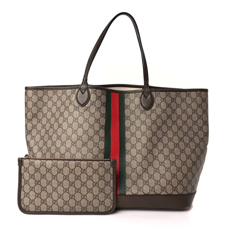  Gucci GG Supreme Monogram Textured Dollar Calfskin Web Large Ophidia Tote Beige Ebony New Acero