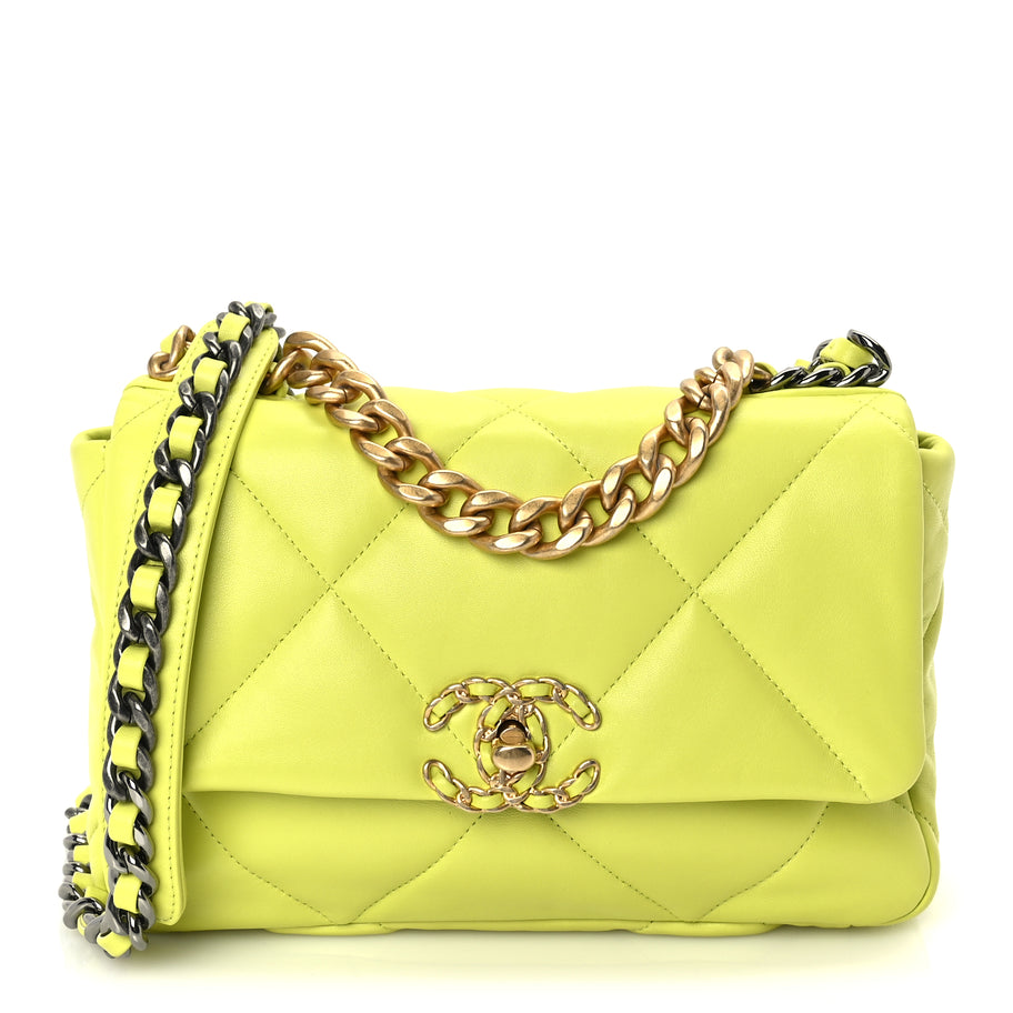 Chanel Shiny Lambskin Quilted Medium Chanel 19 Flap  Neon Yellow Image 1