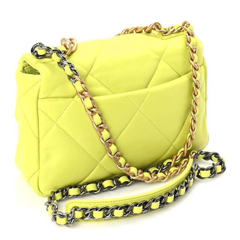  Chanel Shiny Lambskin Quilted Medium Chanel 19 Flap  Neon Yellow