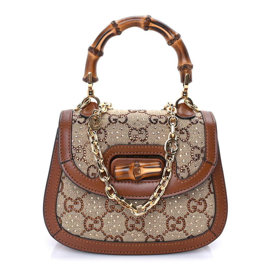 Gucci New Canvas Charisma Calfskin Crystal GG Monogram Small Bamboo 1947 Top Handle Bag Camel Ebony Image 1