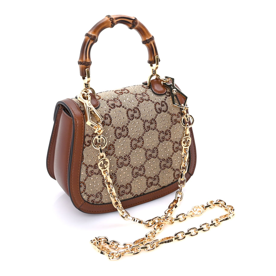 Gucci New Canvas Charisma Calfskin Crystal GG Monogram Small Bamboo 1947 Top Handle Bag Camel Ebony Image 2