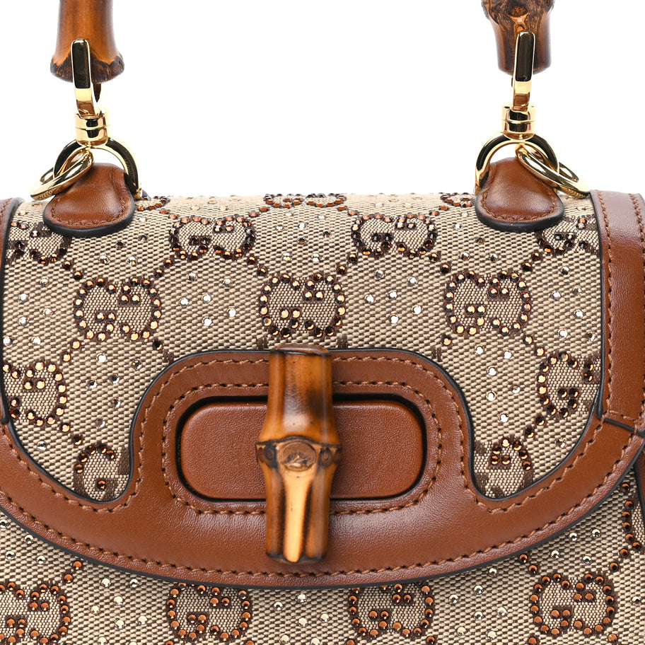 Gucci New Canvas Charisma Calfskin Crystal GG Monogram Small Bamboo 1947 Top Handle Bag Camel Ebony Image 6