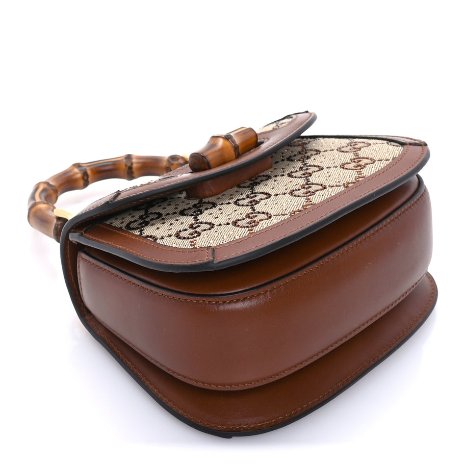 Gucci New Canvas Charisma Calfskin Crystal GG Monogram Small Bamboo 1947 Top Handle Bag Camel Ebony Image 7
