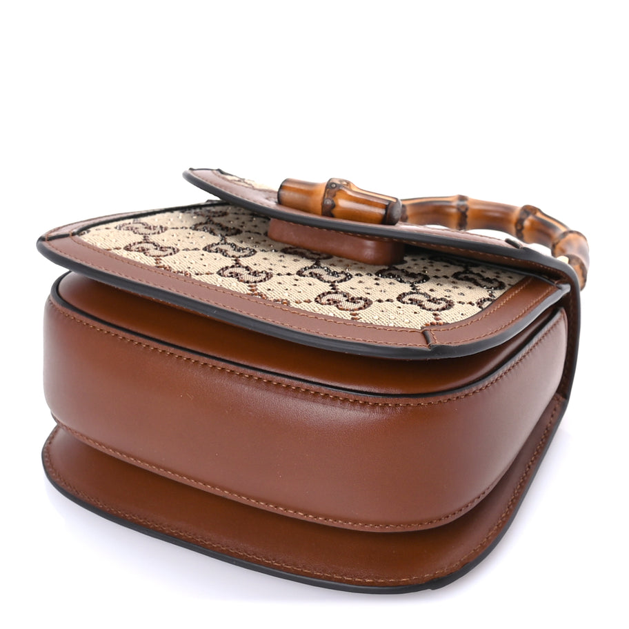 Gucci New Canvas Charisma Calfskin Crystal GG Monogram Small Bamboo 1947 Top Handle Bag Camel Ebony Image 8