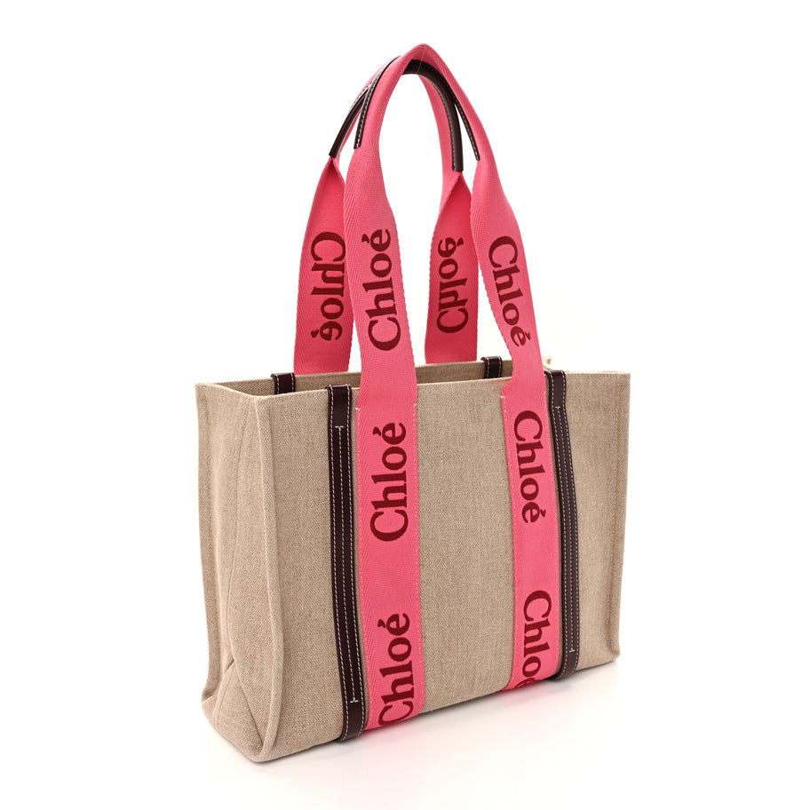 Chloe Linen Calfskin Medium Woody Ribbon Tote Pink Image 2
