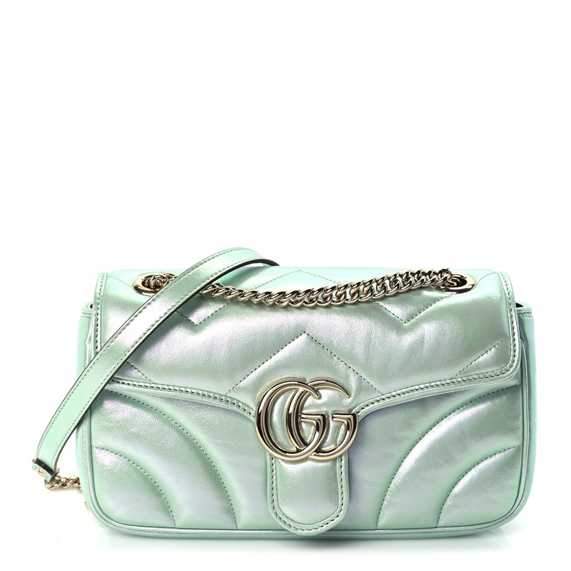  Gucci Iridescent Nappa Chevron Matelasse Small GG Marmont Shoulder Bag Iridescent Salvy Green