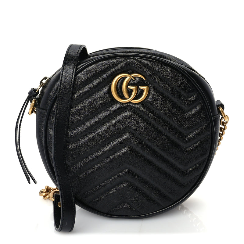  Gucci Azalea Calfskin Matelasse Heart Mini GG Marmont Round Shoulder Bag Black