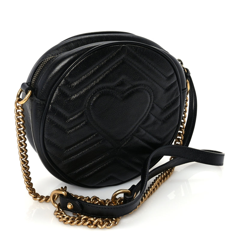  Gucci Azalea Calfskin Matelasse Heart Mini GG Marmont Round Shoulder Bag Black