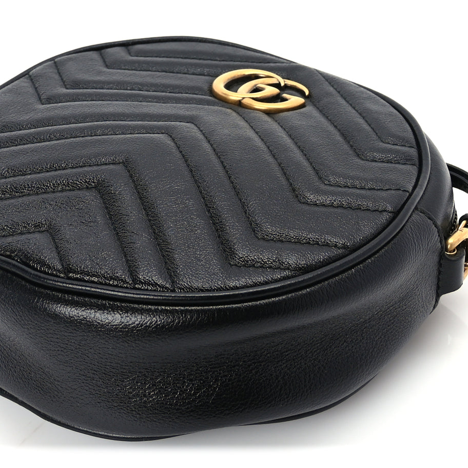 Gucci Azalea Calfskin Matelasse Heart Mini GG Marmont Round Shoulder Bag Black Image 8