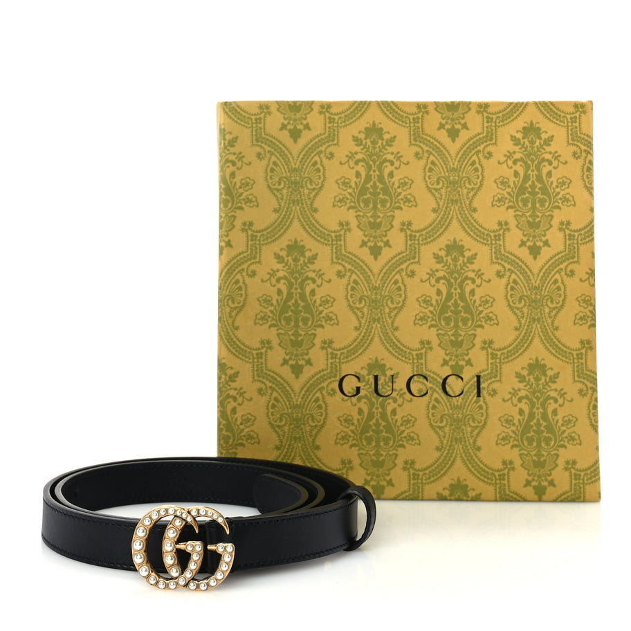 Gucci Moon Calfskin Pearl Double G 20mm Belt 80 32  Black Cream Image 6