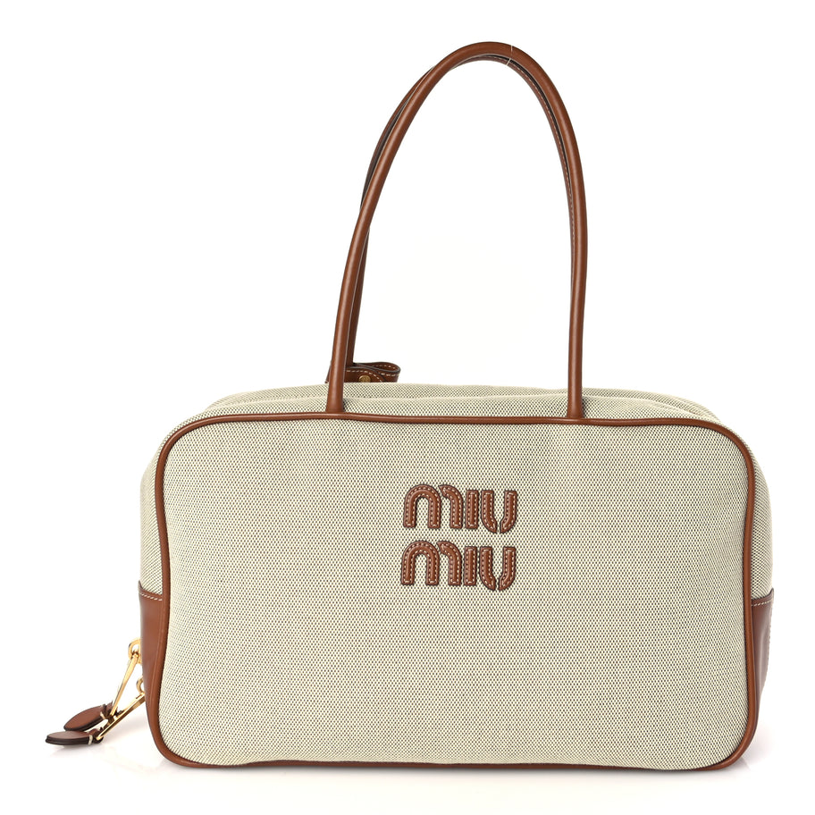 Miu Miu Canvas Calfskin Large Beau Top Handle Bag Naturale Brandy Image 1
