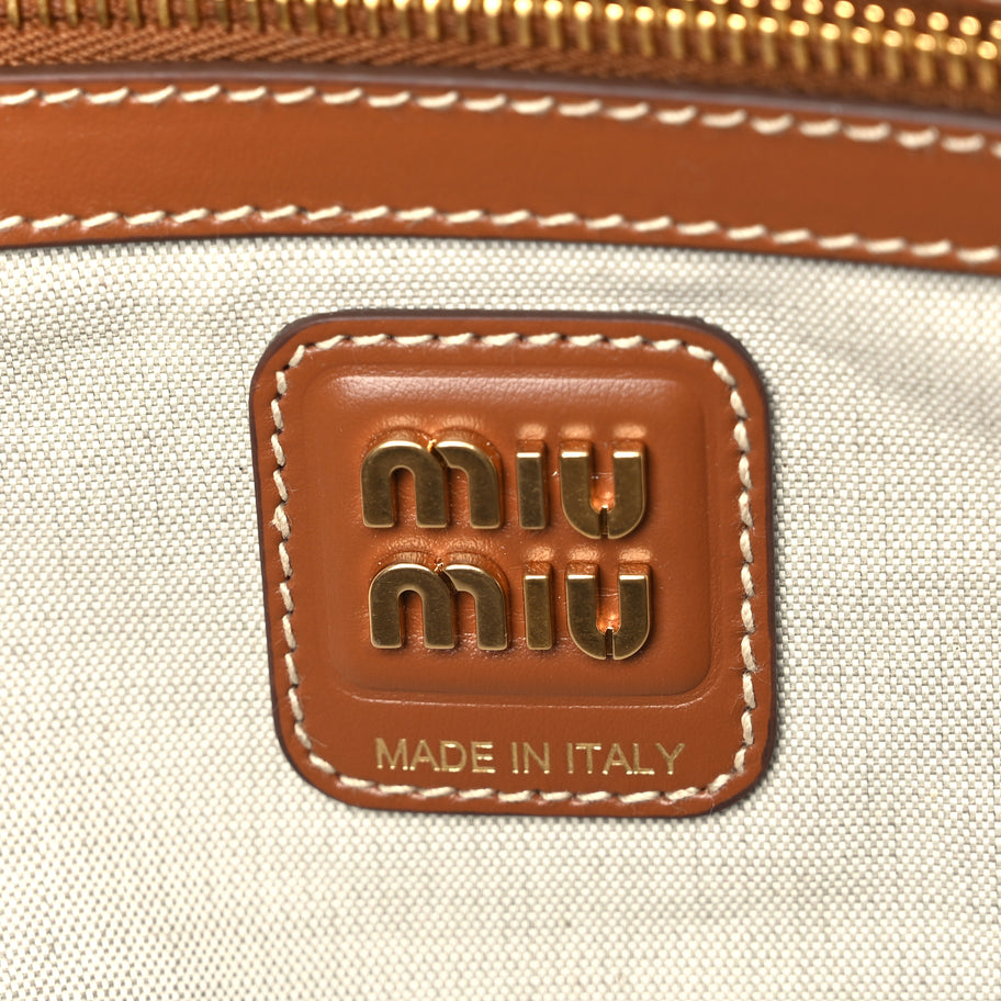 Miu Miu Canvas Calfskin Large Beau Top Handle Bag Naturale Brandy Image 5