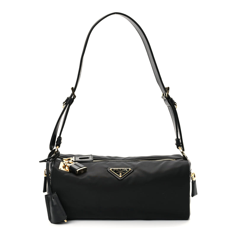  Prada Tessuto Nylon Vitello Medium Padlock Shoulder Bag Black Nero
