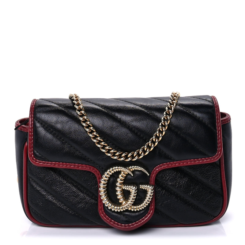  Gucci Vintage Effect Calfskin Matelasse Diagonal Super Mini Torchon GG Marmont Shoulder Bag Black Romantic Cherry Black Romantic Cherry