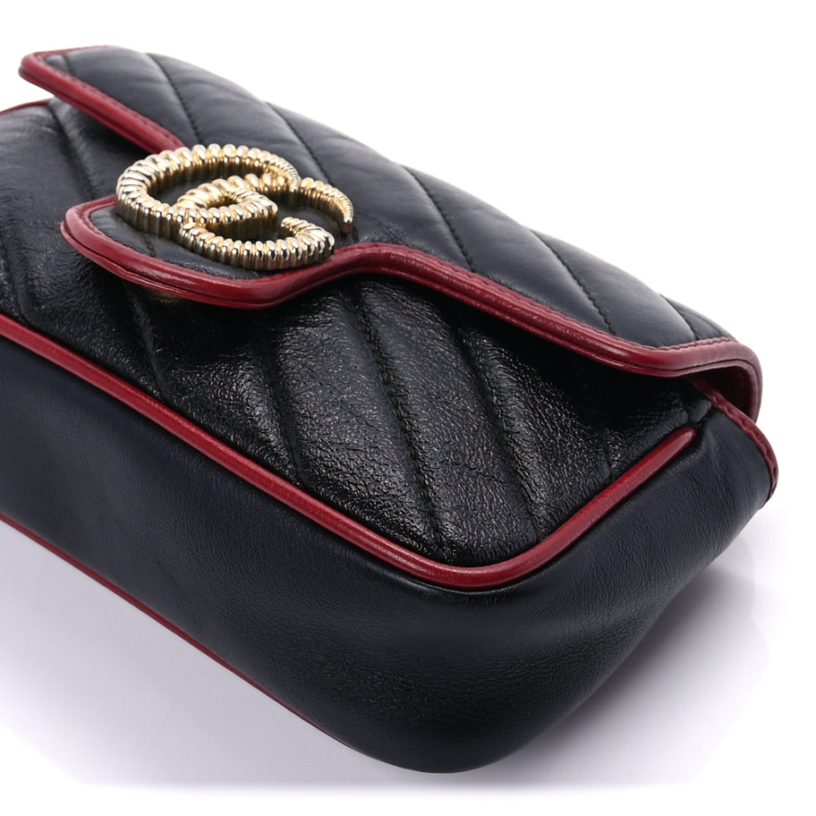 Gucci Vintage Effect Calfskin Matelasse Diagonal Super Mini Torchon GG Marmont Shoulder Bag Black Romantic Cherry Black Romantic Cherry Image 8