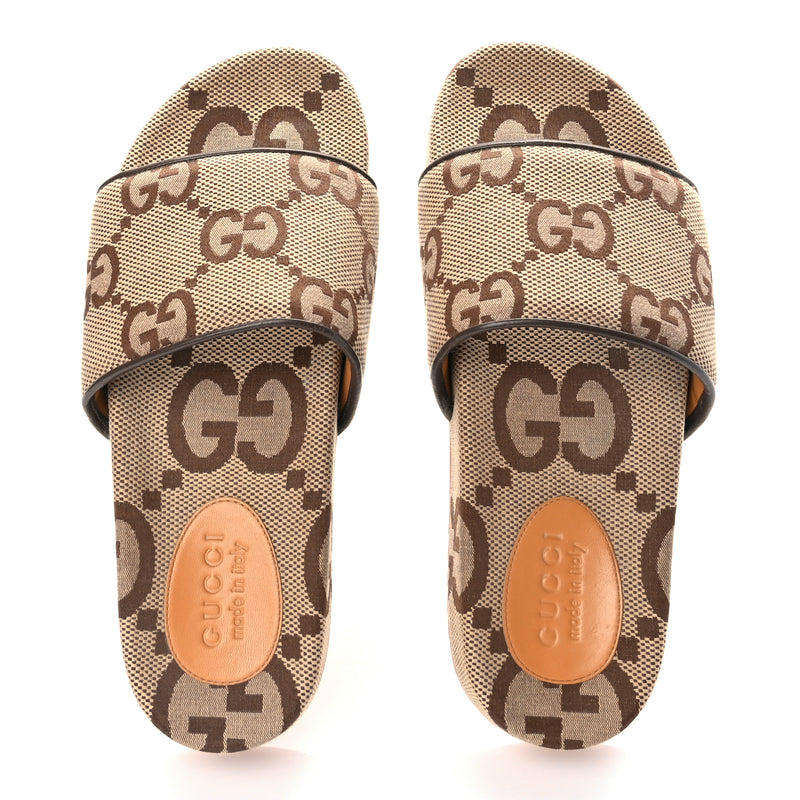  Gucci Monogram Jumbo GG Mens Slide Sandals 40 Camel Ebony