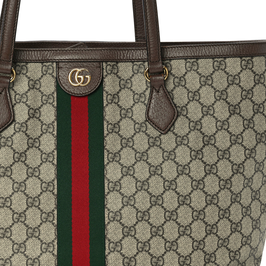 Gucci GG Supreme Monogram Textured Calfskin Web Medium Ophidia Shopping Tote  Beige Ebony New Acero Image 7