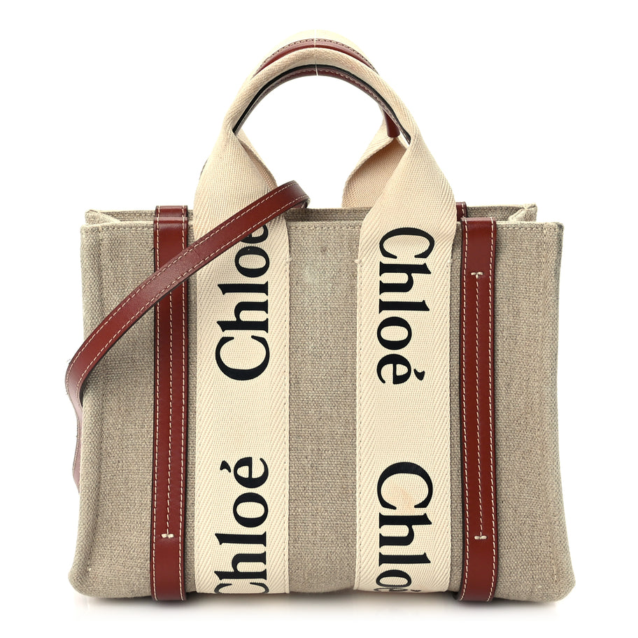Chloe Cotton Calfskin Small Woody Ribbon Tote  White Brown Image 1