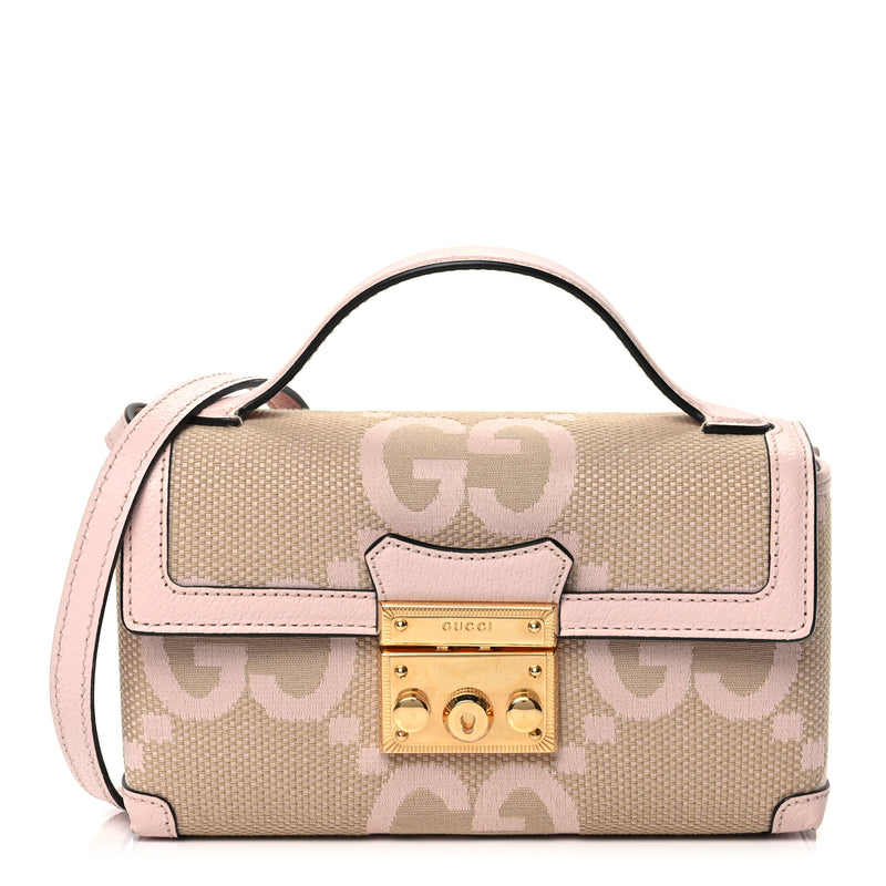  Gucci Monogram Jumbo GG Textured Dollar Calfskin Mini Padlock Top Handle Shoulder Bag Beige Perfect Pink