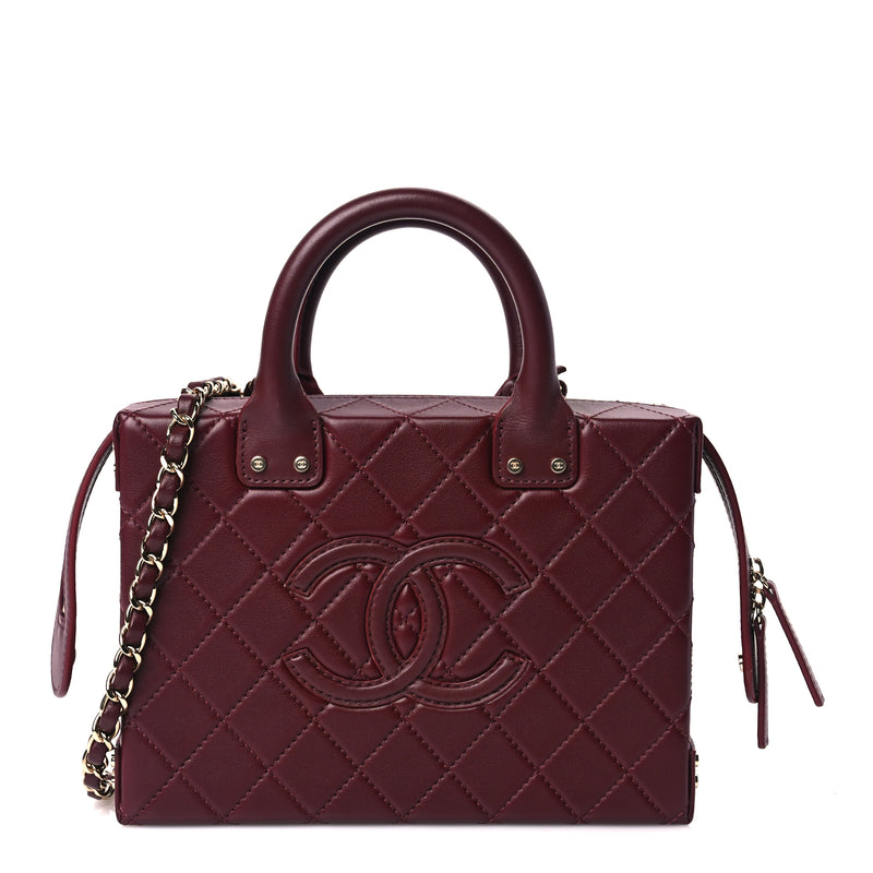  Chanel Calfskin Quilted Studded Square Vanity Case Burgundy