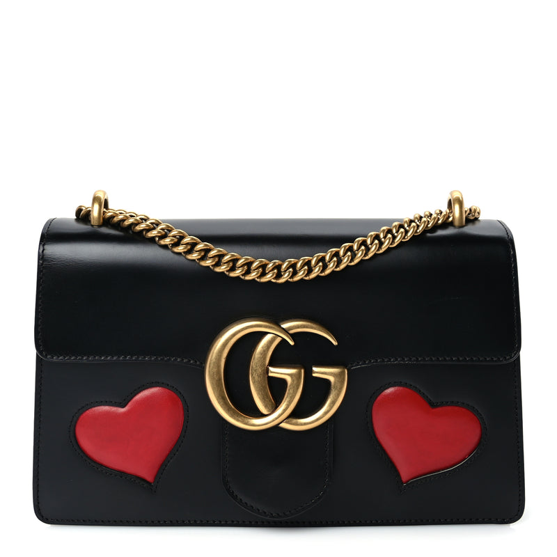  Gucci Knight Calfskin Malaga Kid Heart Medium GG Marmont Chain Handle Bag Black Hibiscus Red Multicolor