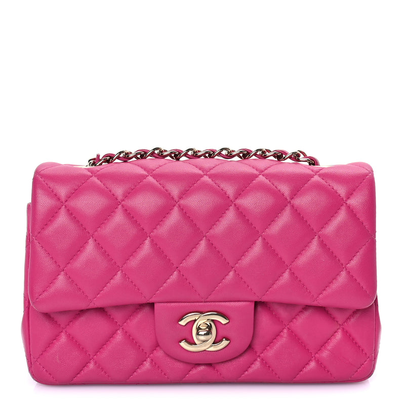  Chanel Lambskin Quilted Mini Rectangular Flap Dark Pink