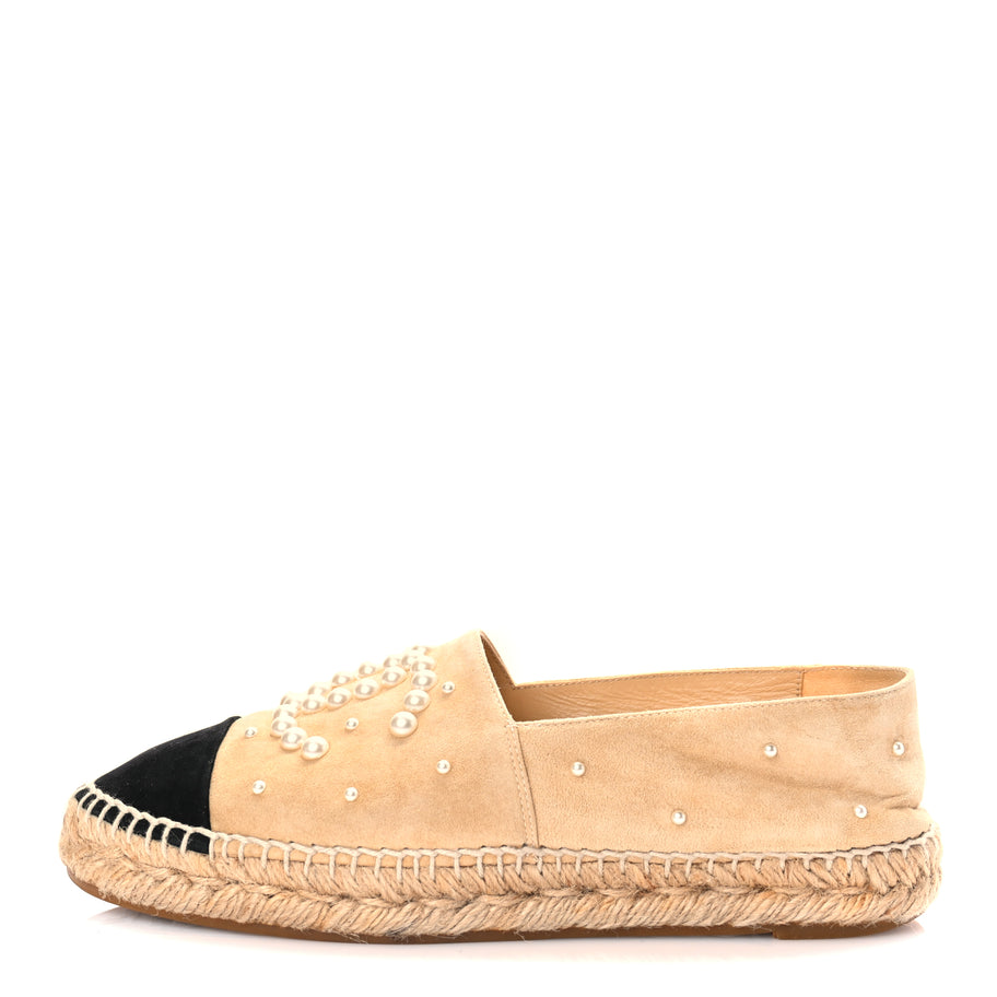 Chanel Suede Pearl CC Espadrilles 37 Beige Black Image 2