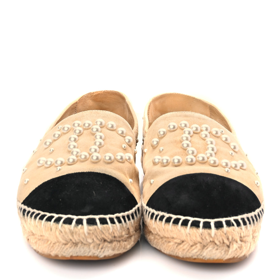Chanel Suede Pearl CC Espadrilles 37 Beige Black Image 3