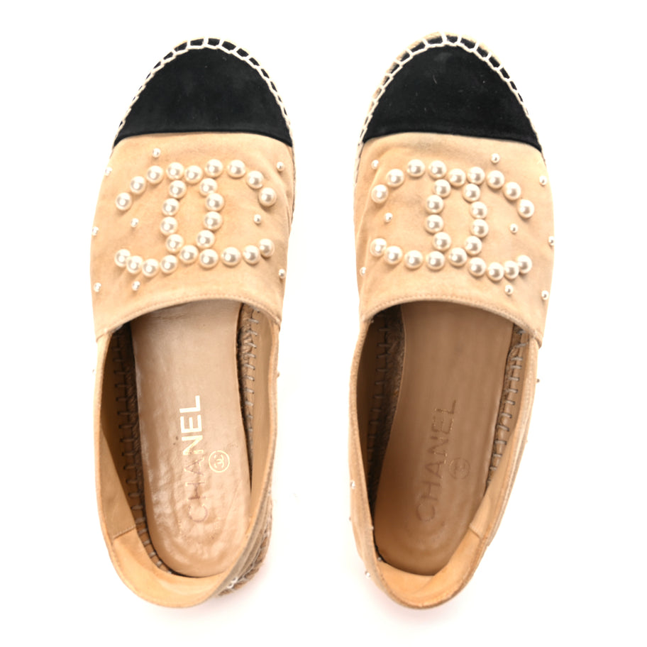 Chanel Suede Pearl CC Espadrilles 37 Beige Black Image 5